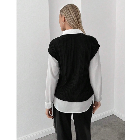 2 in 1 Black Knit Vest On White Button Up Shirt - Picture 9 of 12